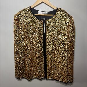 VTG NWT Lawrence Kazar Jacket Deadstock Black Silk Gold Sequin Evening Formal 2X